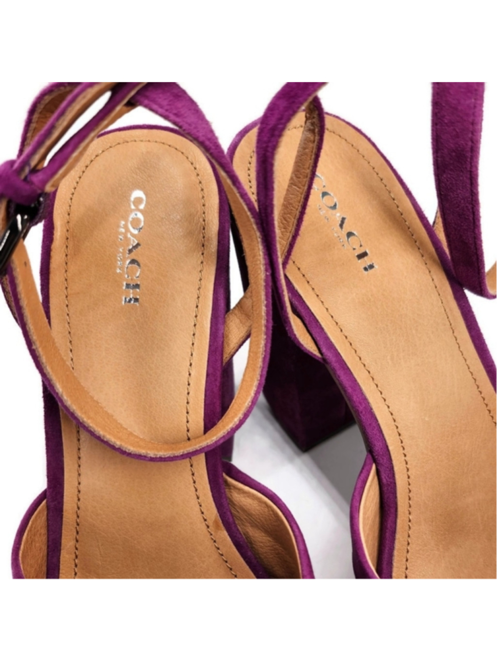 Coach Nikeeta Plum Purple Suede Ankle Wrap Block High Heel Platform Sandals - Picture 7 of 13
